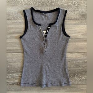 Black White Striped Henley Ribbed Tank Top 100% Cotton Petite Small